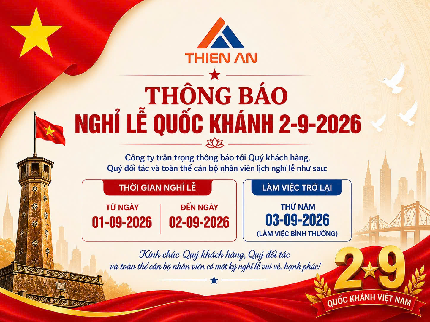 THÔNG BÁO LỊCH NGHỈ LỄ QUỐC KHÁNH 2/9 NĂM 2026